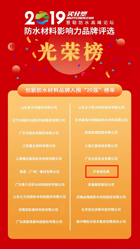 開來濕克威入圍“2019防水材料影響力品牌”20強(qiáng)